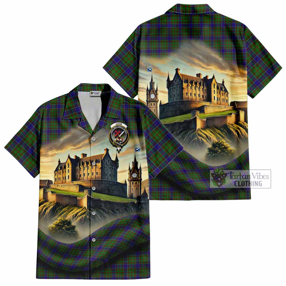 Tartan Vibes Clothing Adam Tartan Family Crest Short Sleeve Button Shirt with Scottish Ancient Castle Style