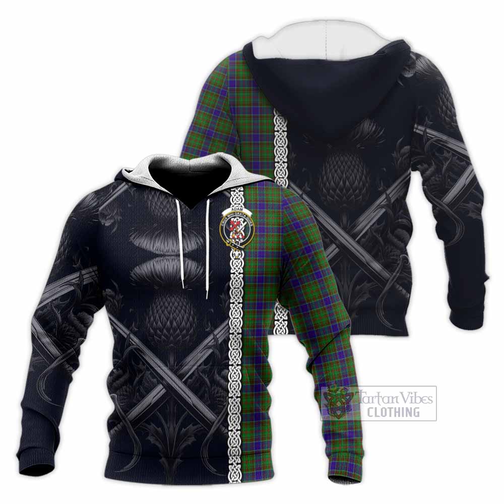 Tartan Vibes Clothing Adam Tartan Knitted Hoodie with Family Crest Cross Sword Thistle Celtic Vibes