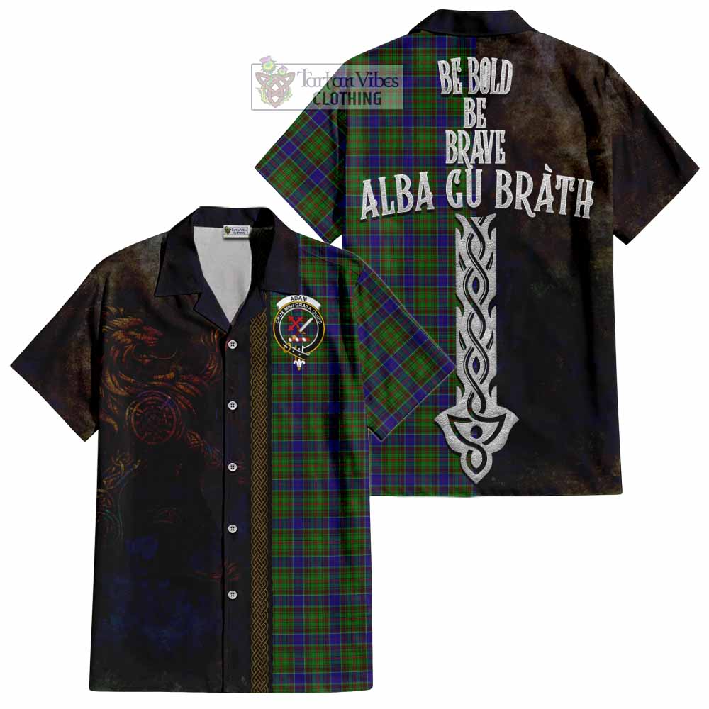 Tartan Vibes Clothing Adam Tartan Family Crest Short Sleeve Button Shirt Alba Gu Brath Be Brave Lion Ancient Style
