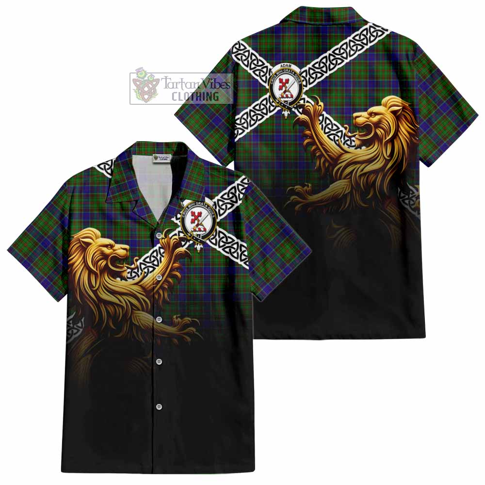 Tartan Vibes Clothing Adam Crest Tartan Short Sleeve Button Shirt with Golden Lion Emblem Celtic Style