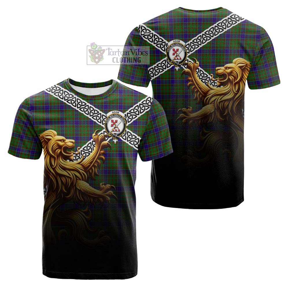 Tartan Vibes Clothing Adam Crest Tartan Cotton T-shirt with Golden Lion Emblem Celtic Style