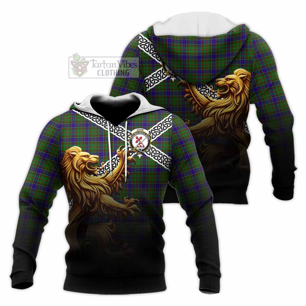 Tartan Vibes Clothing Adam Crest Tartan Knitted Hoodie with Golden Lion Emblem Celtic Style