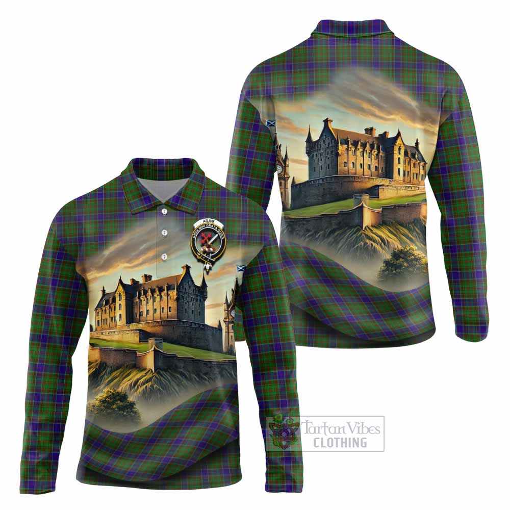 Adam Tartan Family Crest Long Sleeve Polo Shirt with Scottish Ancient Castle Style - Tartan Vibes Clothing