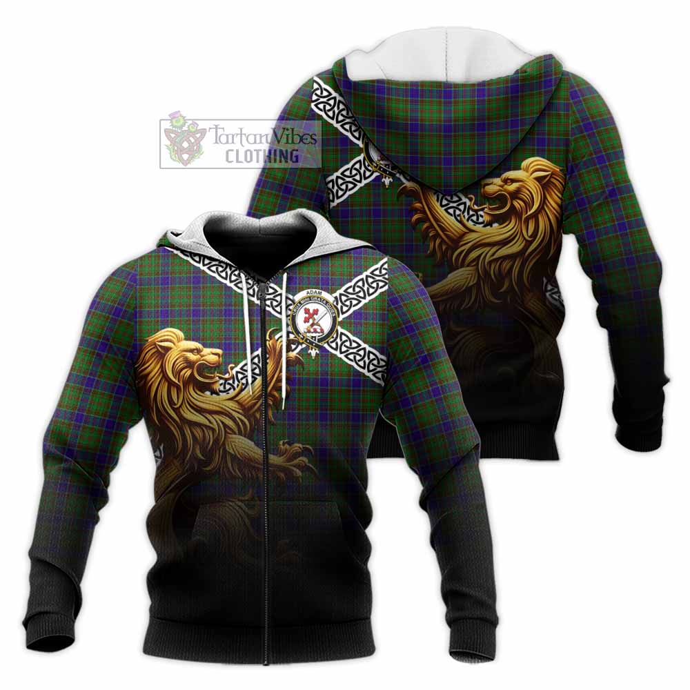 Tartan Vibes Clothing Adam Crest Tartan Knitted Hoodie with Golden Lion Emblem Celtic Style