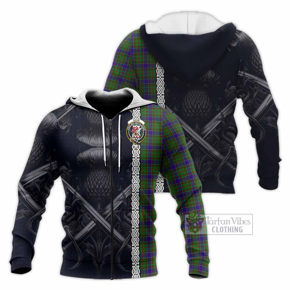 Tartan Vibes Clothing Adam Tartan Knitted Hoodie with Family Crest Cross Sword Thistle Celtic Vibes