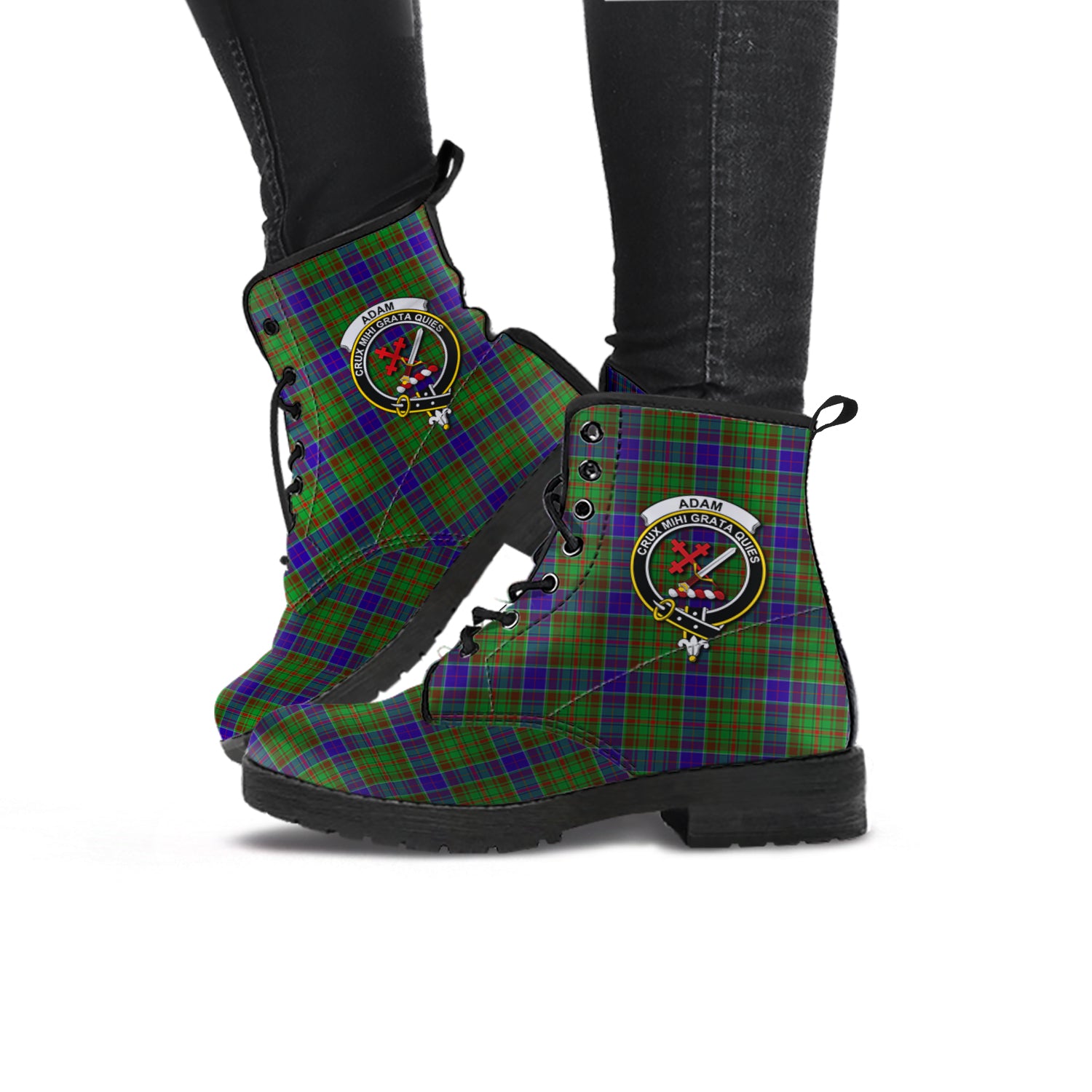 Adam Tartan Leather Boots with Family Crest - Tartanvibesclothing