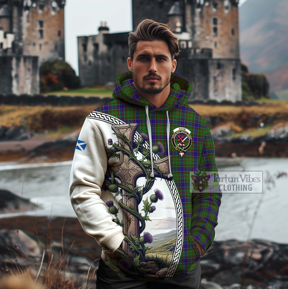 Tartan Vibes Clothing Adam Tartan Cotton Hoodie with Family Crest and St. Andrew's Cross Accented by Thistle Vines