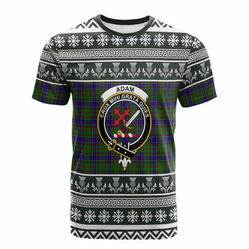 Adam Clan Tartan Christmas Cotton T-shirt with Family Crest