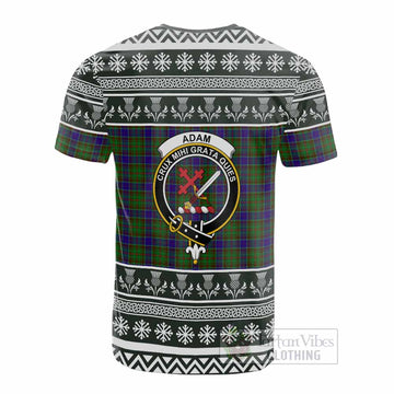 Adam Clan Tartan Christmas Cotton T-shirt with Family Crest