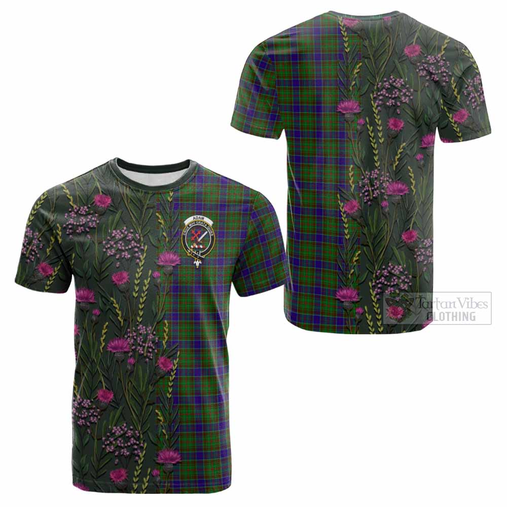Adam Family Crest Tartan Cotton T-shirt Scottish Thistle Flower Pattern Half Style - Tartan Vibes Clothing