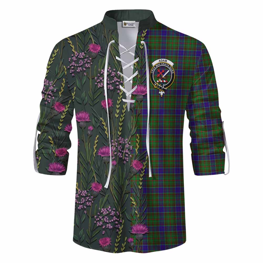 Adam Family Crest Tartan Ghillie Shirt Scottish Thistle Flower Pattern Half Style - Tartan Vibes Clothing