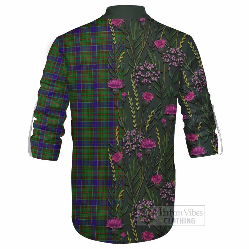 Adam Family Crest Tartan Ghillie Shirt Scottish Thistle Flower Pattern Half Style - Tartan Vibes Clothing