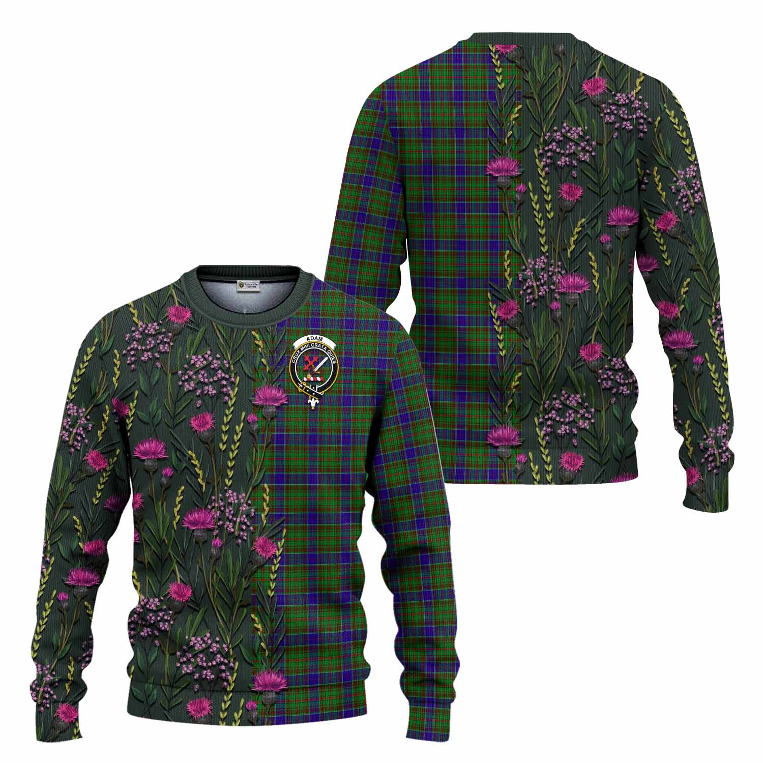 Adam Family Crest Tartan Knitted Sweater Scottish Thistle Flower Pattern Half Style - Tartan Vibes Clothing