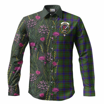 Adam Family Crest Tartan Long Sleeve Button Shirts Scottish Thistle Flower Pattern Half Style