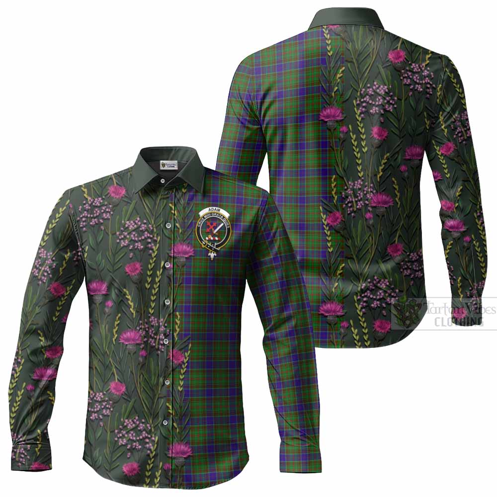 Adam Family Crest Tartan Long Sleeve Button Shirts Scottish Thistle Flower Pattern Half Style - Tartan Vibes Clothing
