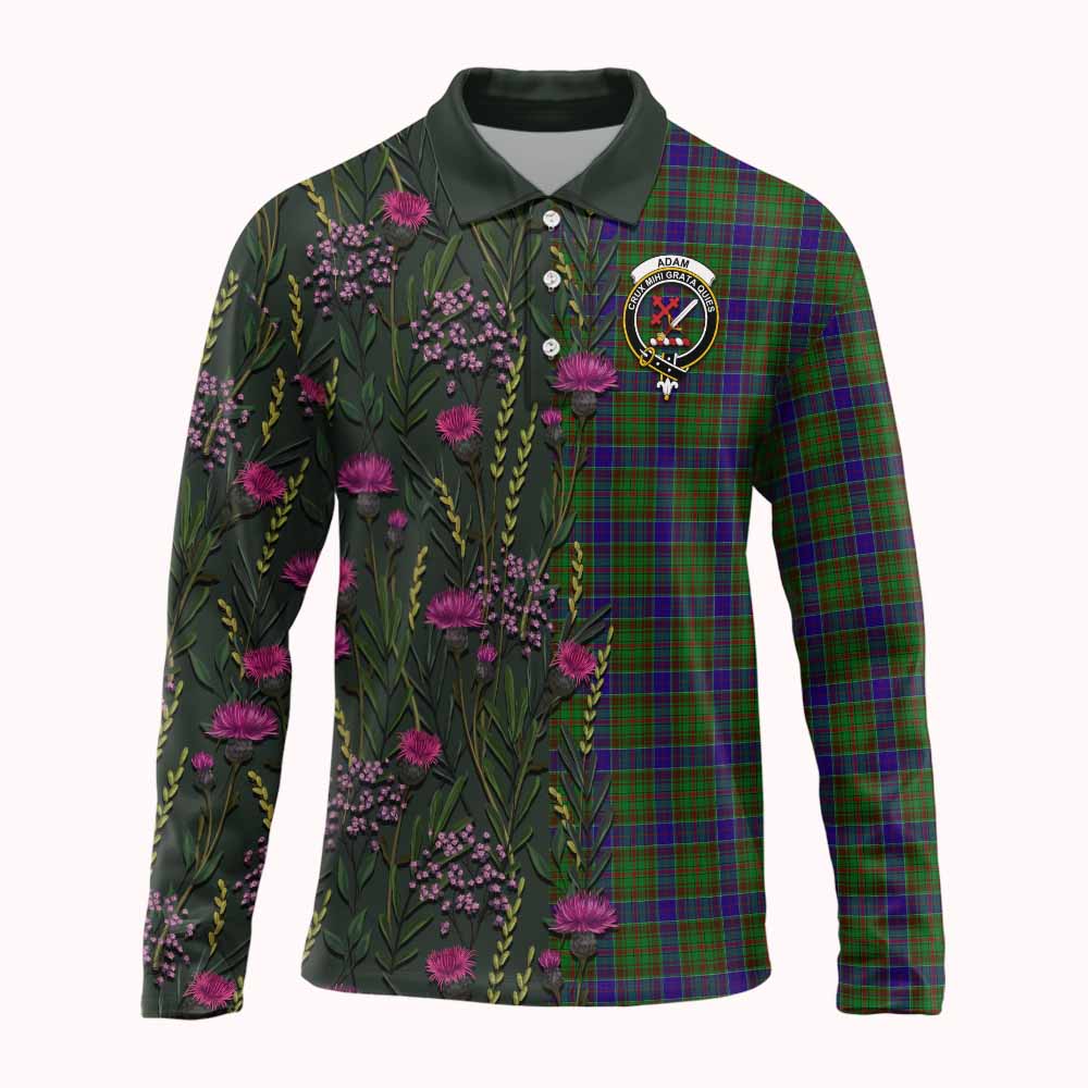 Adam Family Crest Tartan Long Sleeve Polo Shirt Scottish Thistle Flower Pattern Half Style - Tartan Vibes Clothing