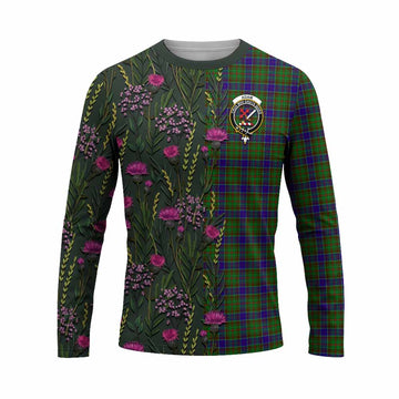 Adam Family Crest Tartan Long Sleeve T-Shirt Scottish Thistle Flower Pattern Half Style