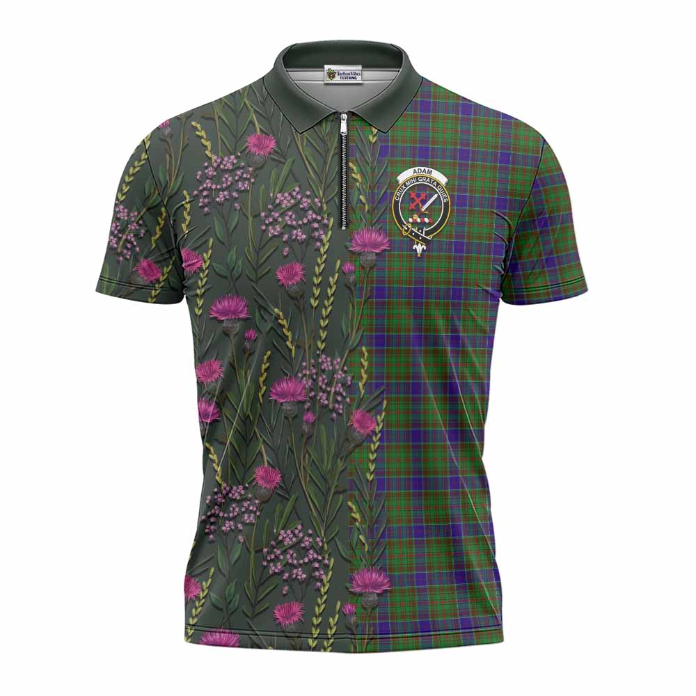 Adam Family Crest Tartan Zipper Polo Shirt Scottish Thistle Flower Pattern Half Style - Tartan Vibes Clothing