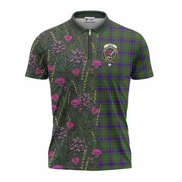 Adam Family Crest Tartan Zipper Polo Shirt Scottish Thistle Flower Pattern Half Style