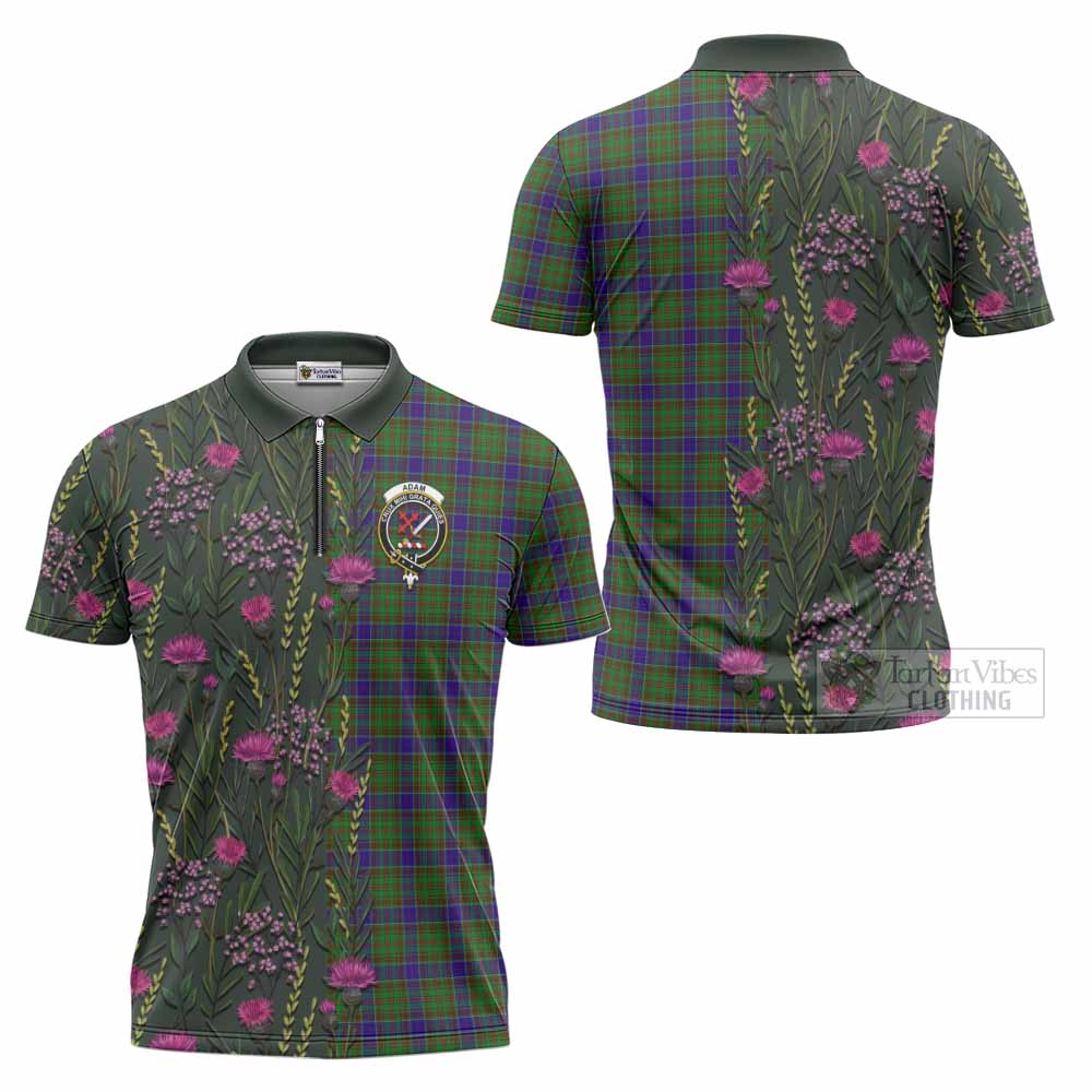 Adam Family Crest Tartan Zipper Polo Shirt Scottish Thistle Flower Pattern Half Style - Tartan Vibes Clothing