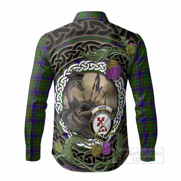 Adam Tartan Crest Bagpipe Nessie Long Sleeve Button Shirts Scottish Loch Ness Monster Celtic Thistle