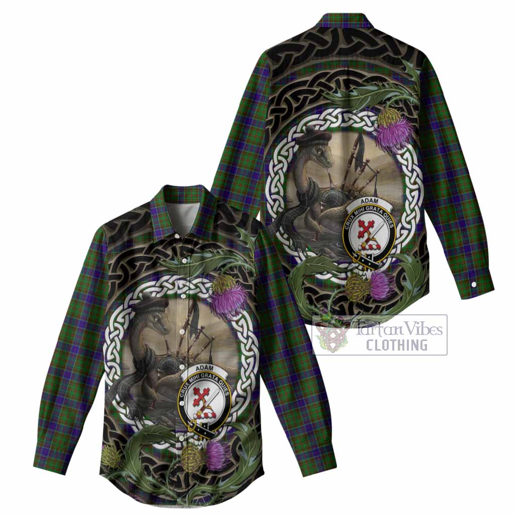Adam Tartan Crest Bagpipe Nessie Women Casual Shirt Scottish Loch Ness Monster Celtic Thistle