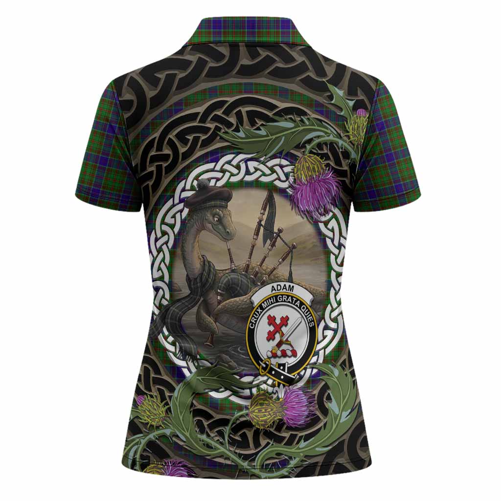 Adam Tartan Crest Bagpipe Nessie Women Polo Shirt Scottish Loch Ness Monster Celtic Thistle