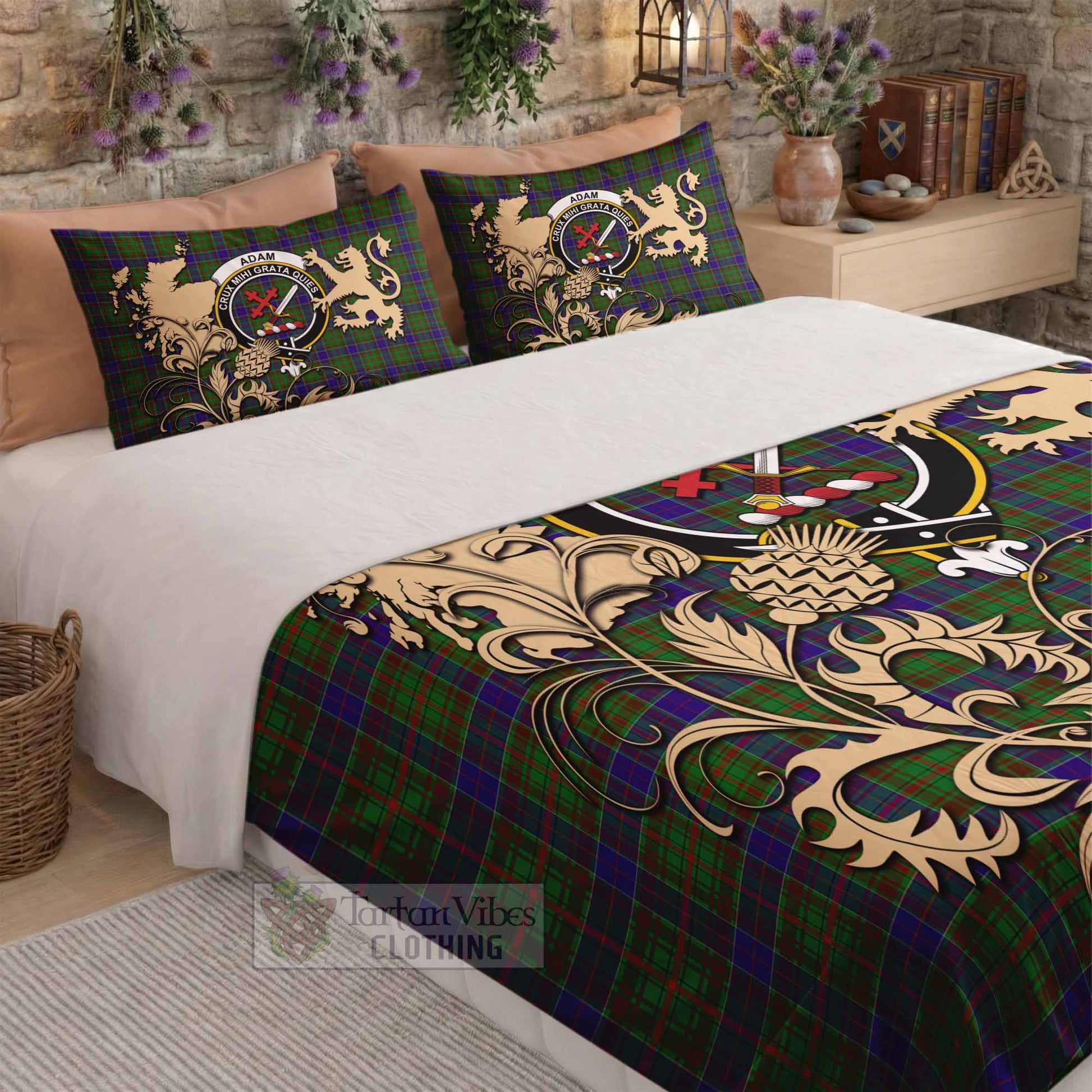 Adam Tartan Crest Bedding Set with Scottish Iconic Symbols 