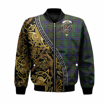 Adam Tartan Crest Bomber Jacket Celtic Knot and Triple Trickle Spiral Symbols
