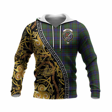 Adam Tartan Crest Knitted Hoodie Celtic Knot and Triple Trickle Spiral Symbols