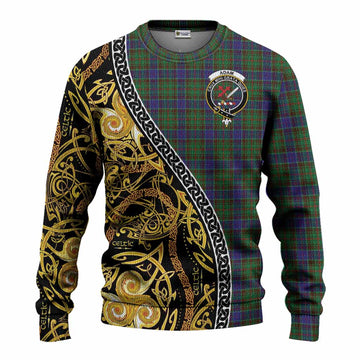 Adam Tartan Crest Knitted Sweater Celtic Knot and Triple Trickle Spiral Symbols