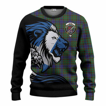 Adam Tartan Crest Knitted Sweater Scottish Golden Lions Wave Flow