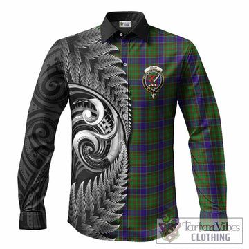 Adam Tartan Crest Long Sleeve Button Shirts With New Zealand Silver Fern Maori Koru