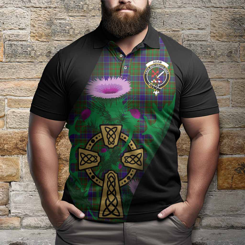 Adam Tartan Crest Polo Shirt Celtic Cross Thistle Flowers