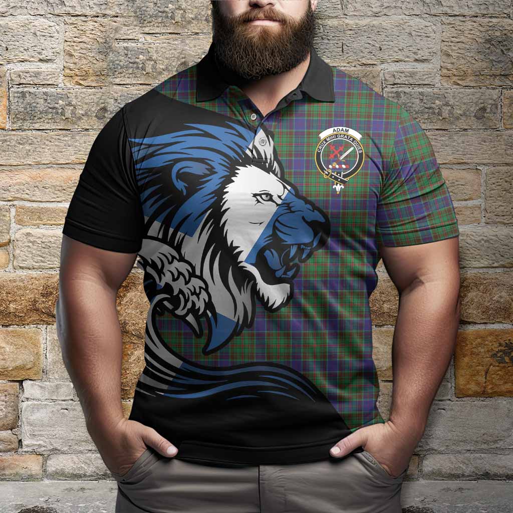 Adam Tartan Crest Polo Shirt Scottish Golden Lions Wave Flow