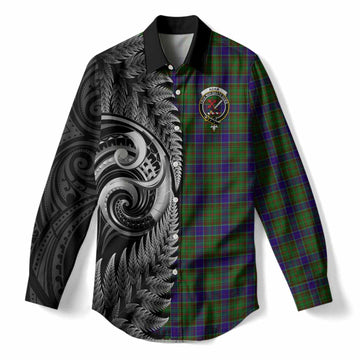 Adam Tartan Crest Women Casual Shirt With New Zealand Silver Fern Maori Koru