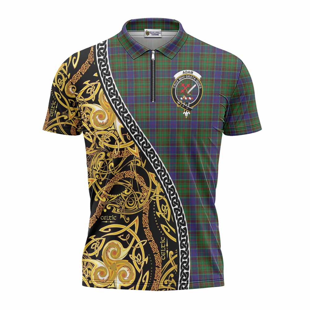 Adam Tartan Crest Zipper Polo Shirt Celtic Knot and Triple Trickle Spiral Symbols