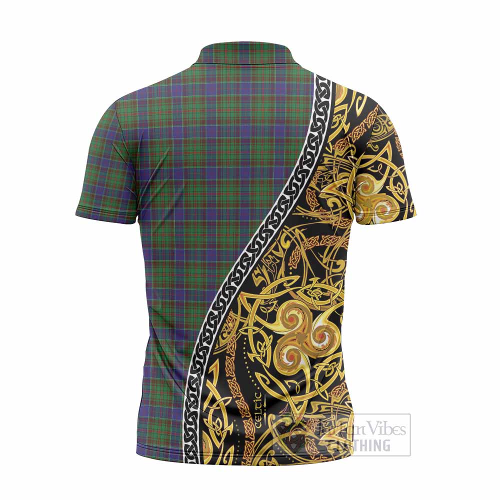 Adam Tartan Crest Zipper Polo Shirt Celtic Knot and Triple Trickle Spiral Symbols