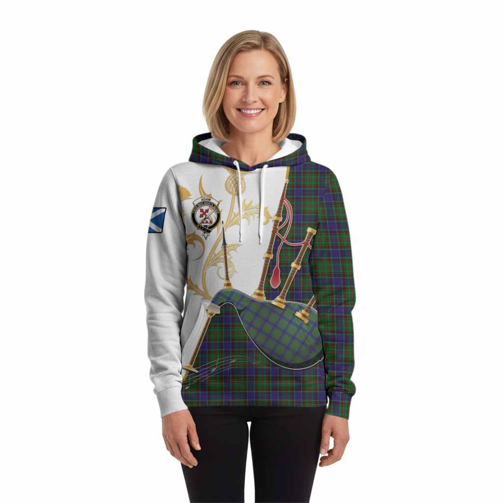 Adam Tartan Family Crest Hoodie Bagpipes with Scottish Thistle