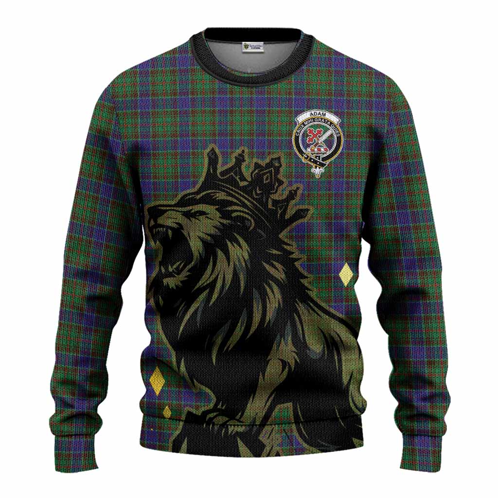 Adam Tartan Family Crest Knitted Sweater Crowned Lion Roaring