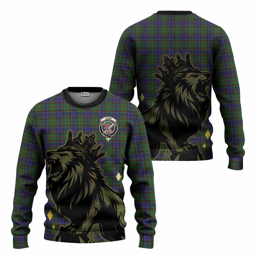 Adam Tartan Family Crest Knitted Sweater Crowned Lion Roaring