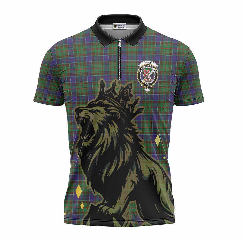 Adam Tartan Family Crest Zipper Polo Shirt Crowned Lion Roaring