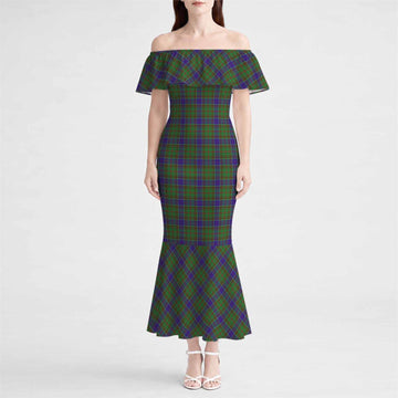 Adam Tartan Off Shoulder Ruffle Mermaid Maxi Dress