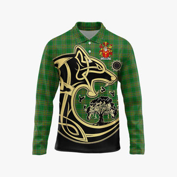 Tartan Vibes Clothing Adams Irish Tartan Long Sleeve Polo Shirt with Coat of Arms Celtic Wolf Style