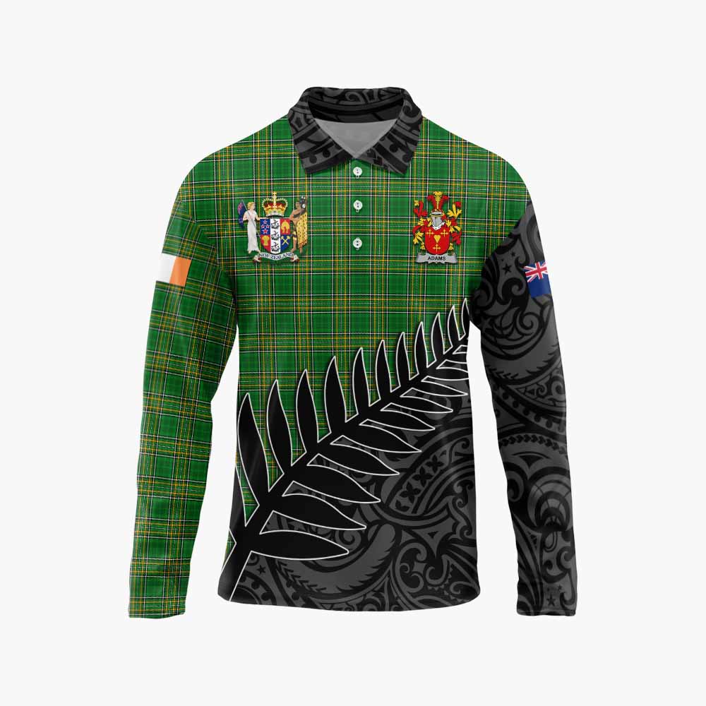 Tartan Vibes Clothing Adams Irish Clan Tartan Long Sleeve Polo Shirt with Coat of Arms New Zealand Silver Fern Half Style