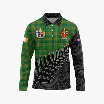 Tartan Vibes Clothing Adams Irish Clan Tartan Long Sleeve Polo Shirt with Coat of Arms New Zealand Silver Fern Half Style