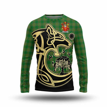 Tartan Vibes Clothing Adams Irish Tartan Long Sleeve T-Shirt with Coat of Arms Celtic Wolf Style