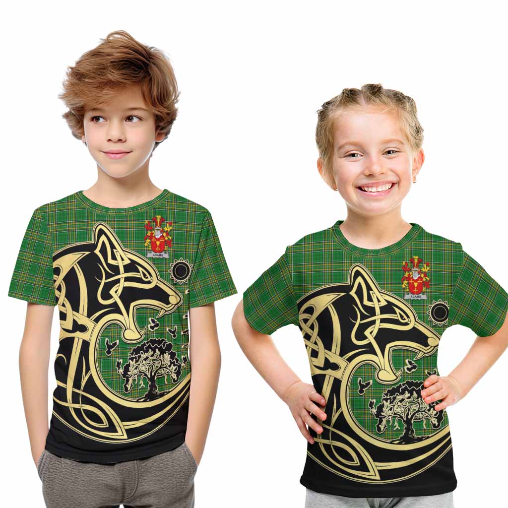 Tartan Vibes Clothing Adams Irish Tartan Kid T-Shirt with Coat of Arms Celtic Wolf Style