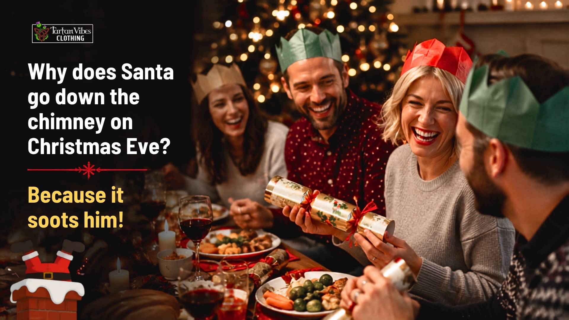 Adults sharing Christmas cracker jokes and festive laughs at dinner