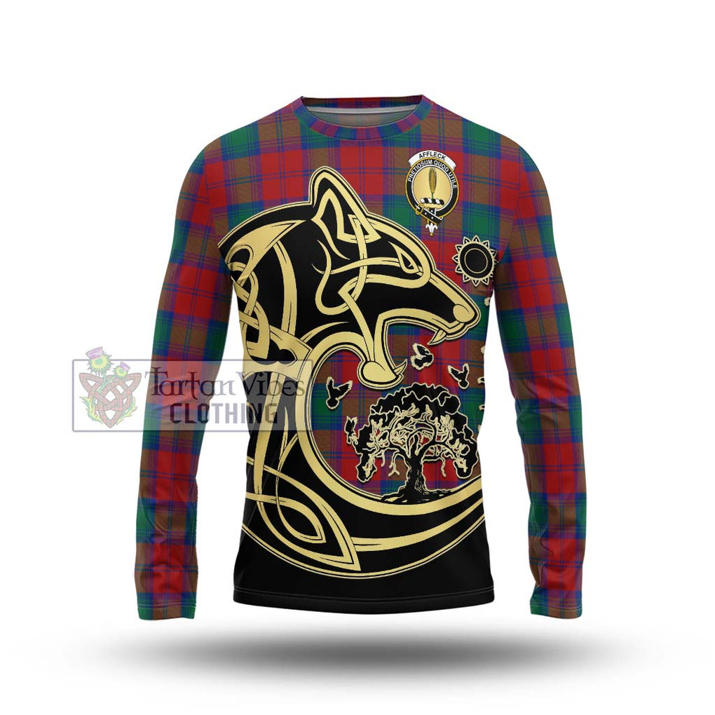 Affleck Tartan Long Sleeve T-Shirt with Family Crest Celtic Wolf Style Unisex - Tartan Vibes Clothing